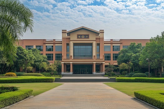 Modern building with manicured lawns and a pathway leading to the entrance. photo