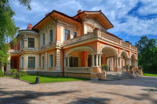 A grand, two-story mansion with a large porch, stone steps and a paved driveway in front. photo