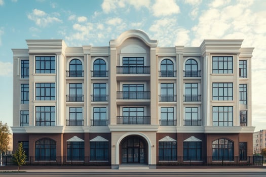 A modern apartment building with an arched entrance and multiple balconies. photo
