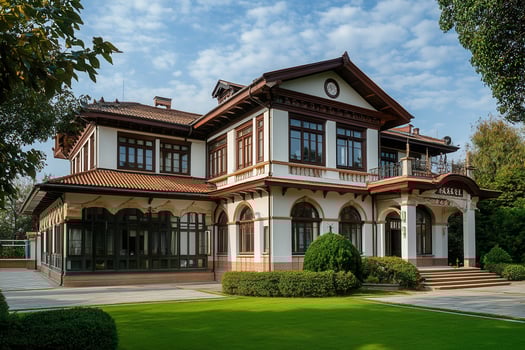 A white, two-story house with a red tile roof and brown trim, surrounded by a lush green lawn. photo
