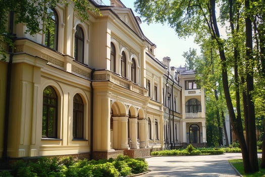 A beautiful yellow mansion with arched windows and a driveway lined with trees. photo
