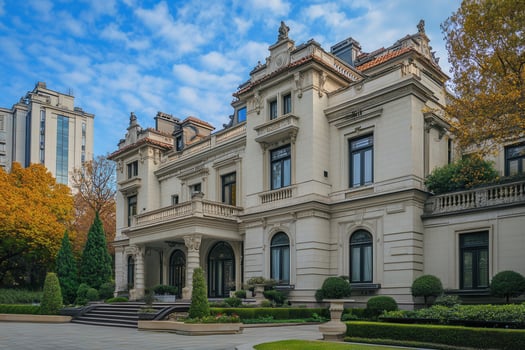 A large, white, Neoclassical mansion with a porte cochere and manicured landscaping. photo