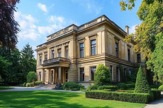 A grand, historic mansion with a manicured lawn and lush greenery in the front. photo