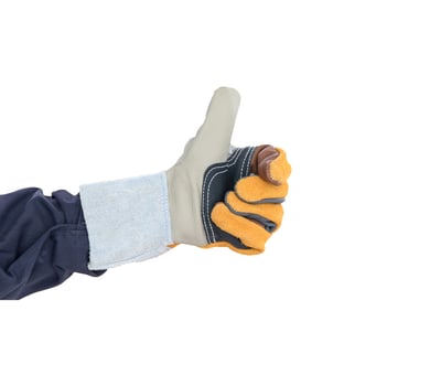 Hand with the thump up in rough leather glove on white photo