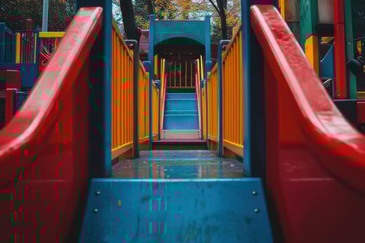 View of a colorful playground slide from the bottom. photo