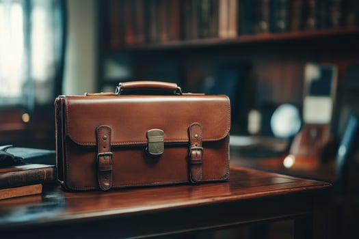 A vintage leather briefcase on a wooden desk. photo