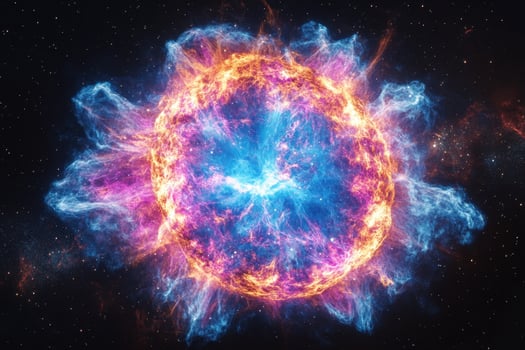 A fiery, glowing sphere of energy with a blue core in a dark space with stars. photo