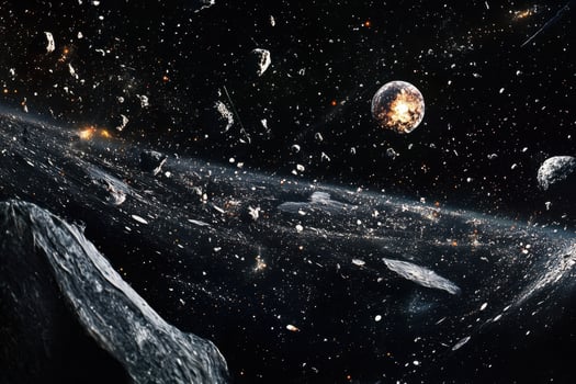 A breathtaking view of a chaotic asteroid field with a fiery planet. photo