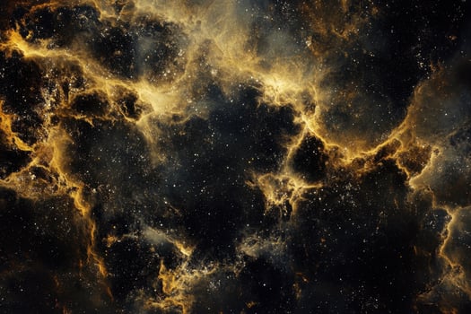 A celestial expanse filled with swirling clouds of golden gas and a scattering of stars in a dark night sky. photo