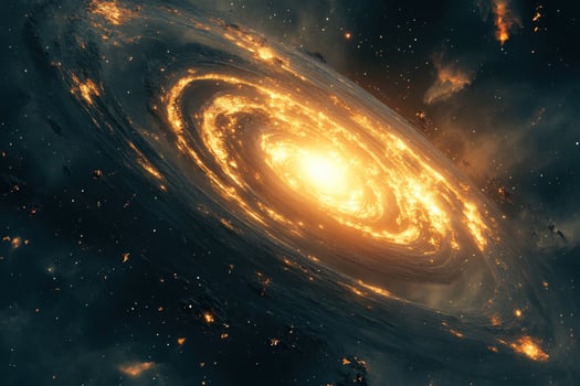 A fiery, swirling spiral galaxy against a dark, starry background. photo