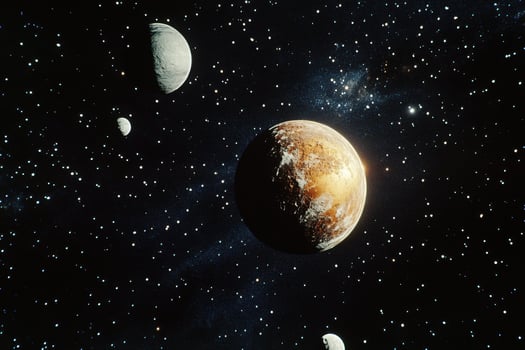 A golden planet with three moons in a dark, starry sky. photo
