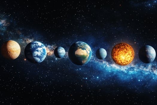 Planets in a line with the sun and the Milky Way in the background. photo