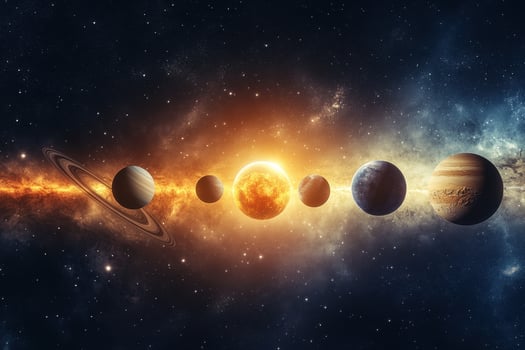 A stunning view of the solar system with planets, the sun, and a vast nebula in the background. photo