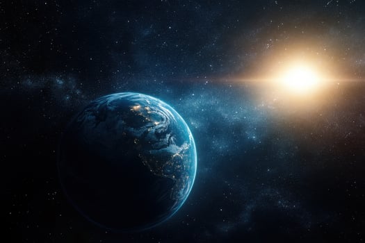 Earth from space with the sun shining in the background. photo