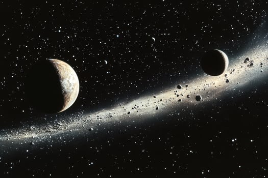 Two planets and asteroid belt in deep space. photo
