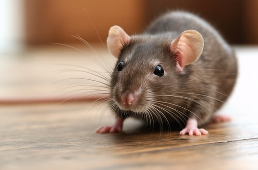Cute rat exploring wooden floor, close up of rodent pet photo