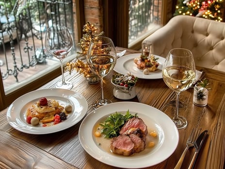 A Festive Table Setting with a Christmas Feast and Wine photo