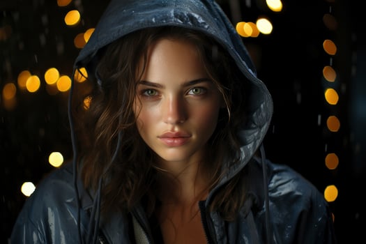 Charming female in waterproof coat in darkness photo