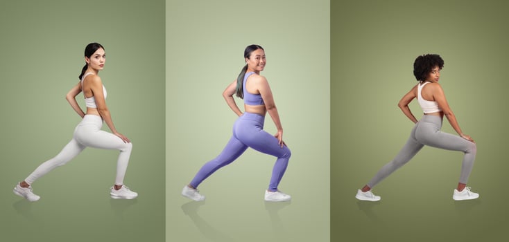 Three women are demonstrating various lunging poses in a modern studio. They wear stylish athletic outfits, each in a different color, highlighting dynamic movement and fitness. photo