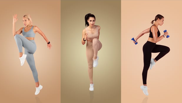 Three women demonstrate various fitness activities in stylish activewear. They engage in high knees, lunges, and weighted exercises, showcasing strength and cardio training methods. photo