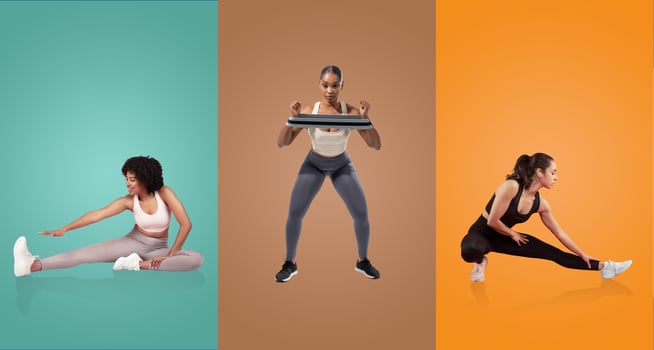 Three women perform different exercises, showcasing stretching and strength training. They are set against vibrant backgrounds, emphasizing their active lifestyles and dedication to fitness. photo