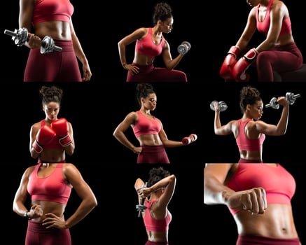 A dedicated black woman demonstrates her fitness journey by performing various exercises with dumbbells and boxing gloves, highlighting strength training and agility during intense workout session. photo