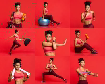 African American fit woman performs a series of dynamic exercises, showcasing strength and agility in different poses. The bright red background enhances her energy and focus while exercising. photo