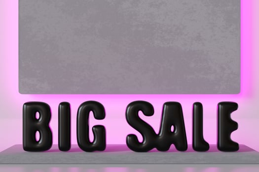 Modern BIG SALE text in bold black letters with sleek 3D design, against minimalist gray backdrop illuminated by pink neon lighting. Digital marketing, promotional banner, or e-commerce campaigns. photo