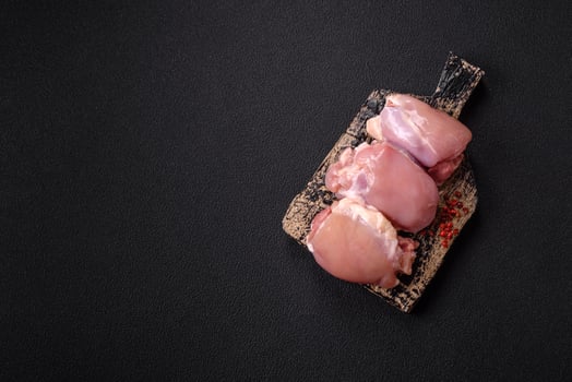 Fresh raw chicken thigh fillets with salt, spices and herbs photo