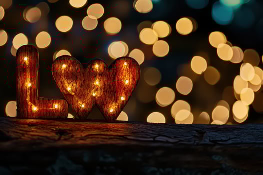 Love is the word that is written in the shape of a heart on a wooden table with lights photo
