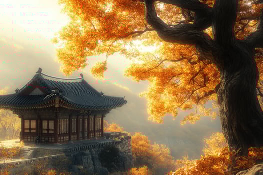 Traditional korean house stands on cliffside overlooking autumn valley at sunrise photo
