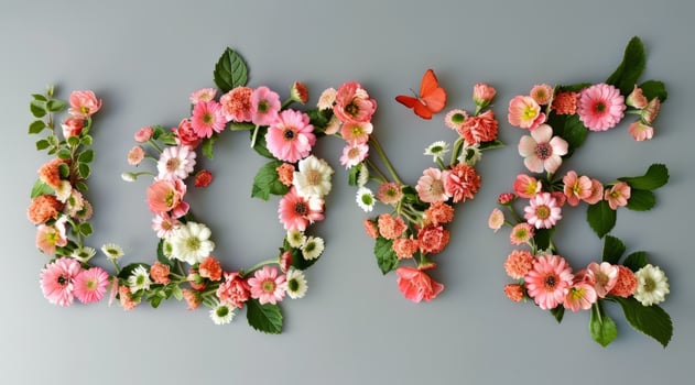 Flower collage that spells word Love with letters composed from different flowers photo