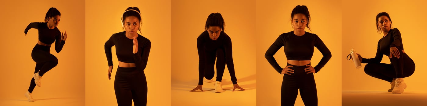 Black lady performs various exercises, including running, jumping, and squatting, in a vibrant yellow-lit environment, showcasing skills and strength during a workout routine. photo