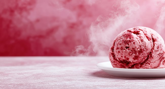 Delicious red ice cream scoop on plate with steam photo