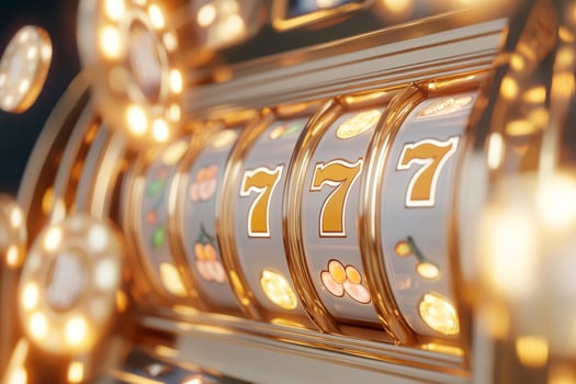 Slot machine with triple sevens, surrounded by glowing lights and golden accents photo