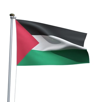 Palestinian flag on a pole waving isolated on white background photo