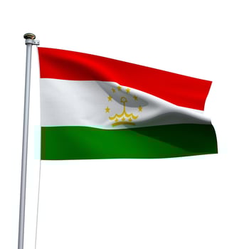 Tajikistan flag on a pole waving isolated on white background photo