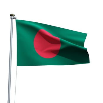 Bangladesh flag on a pole waving isolated on white background photo