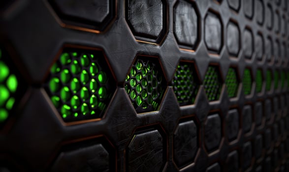 Futuristic hexagon pattern with glowing green lights photo