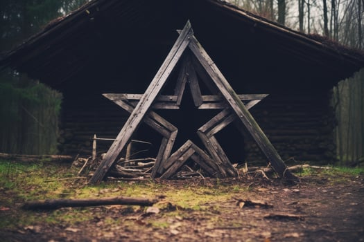 Mysterious wooden star structure in forest photo