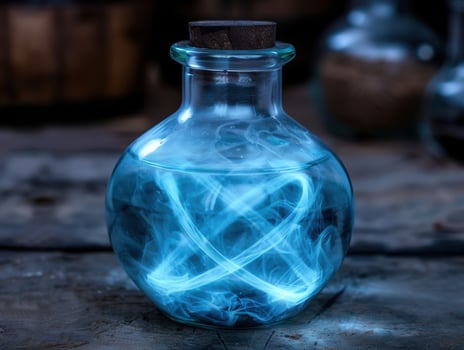 Mysterious blue smoke swirling in a glass bottle photo