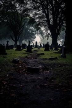 Eerie graveyard path with silhouetted tombstones photo