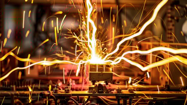 Sparks fly from industrial welding equipment photo
