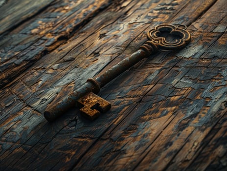 Vintage key on weathered wooden surface photo