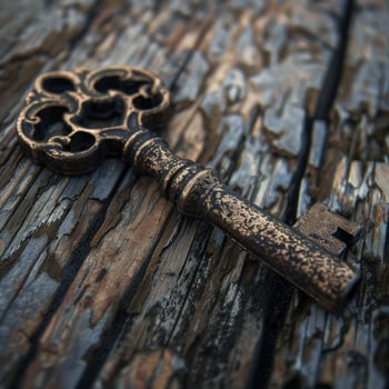Antique key on weathered wooden surface photo