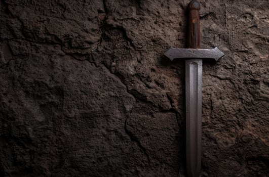 Mysterious medieval sword in dark stone wall photo