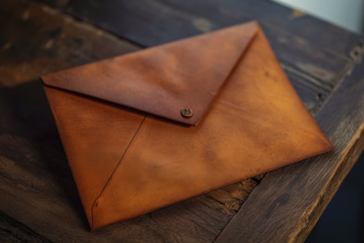 Vintage leather envelope on wooden table photo