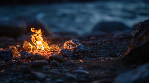 Campfire on rocky beach at night photo