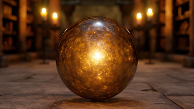Glowing glass sphere on wooden surface photo