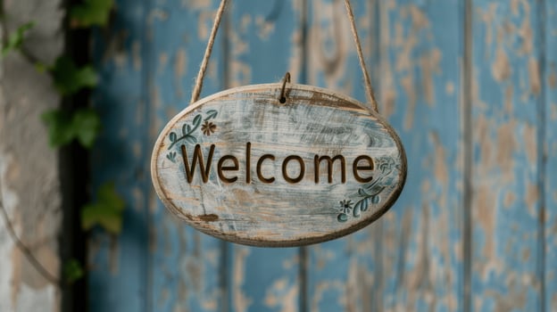 Rustic wooden welcome sign hanging on a weathered blue wall photo
